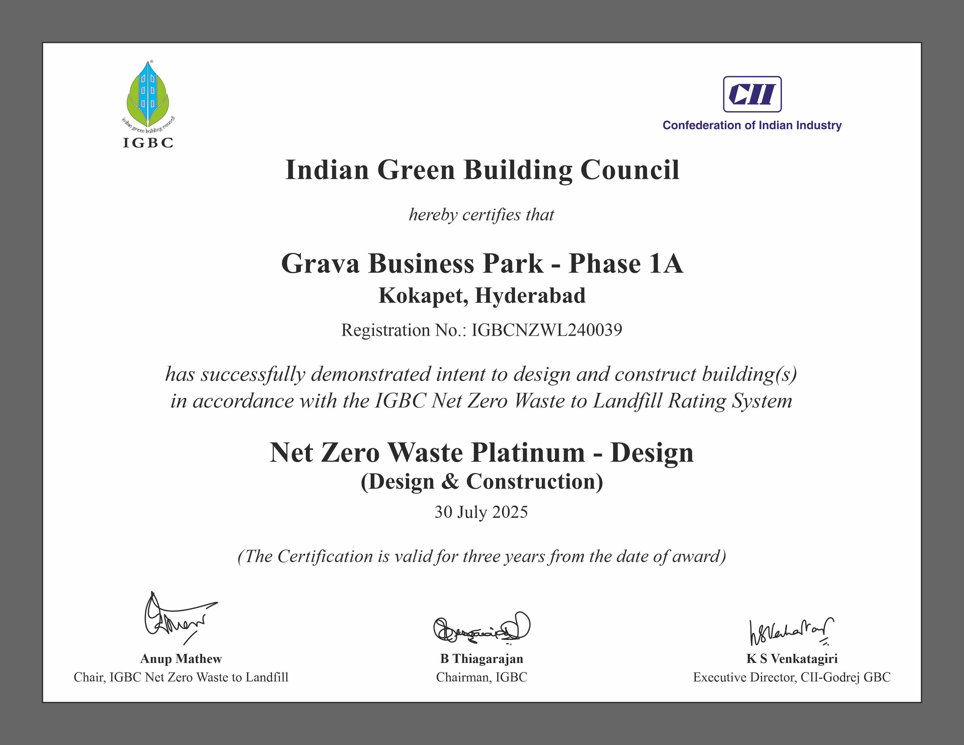 IGBC Net Zero Waste to Landfill Rating System (Design) – Grava Business Park – Phase 1A