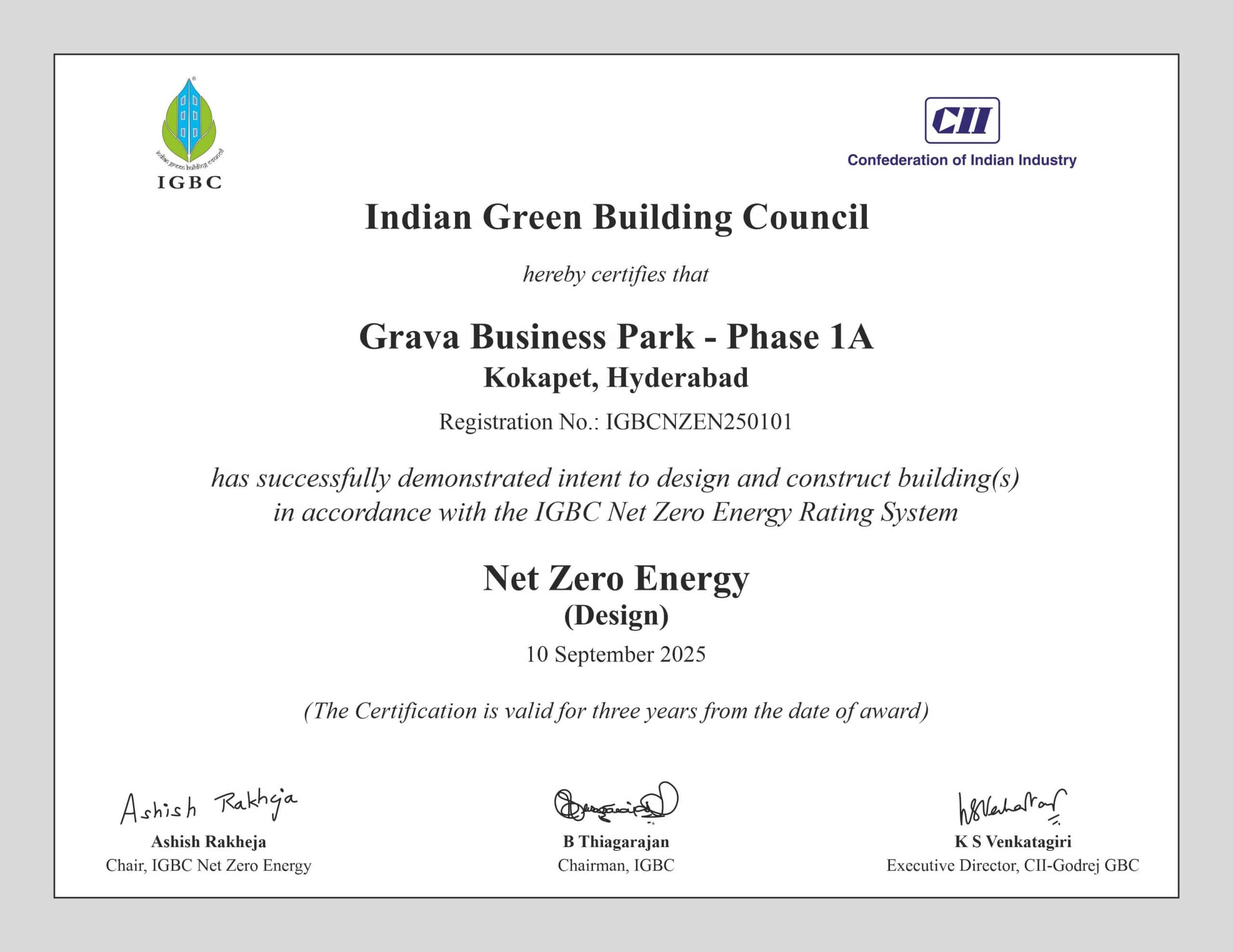 IGBC Net Zero Energy Rating System (Design) – Grava Business Park – Phase 1A