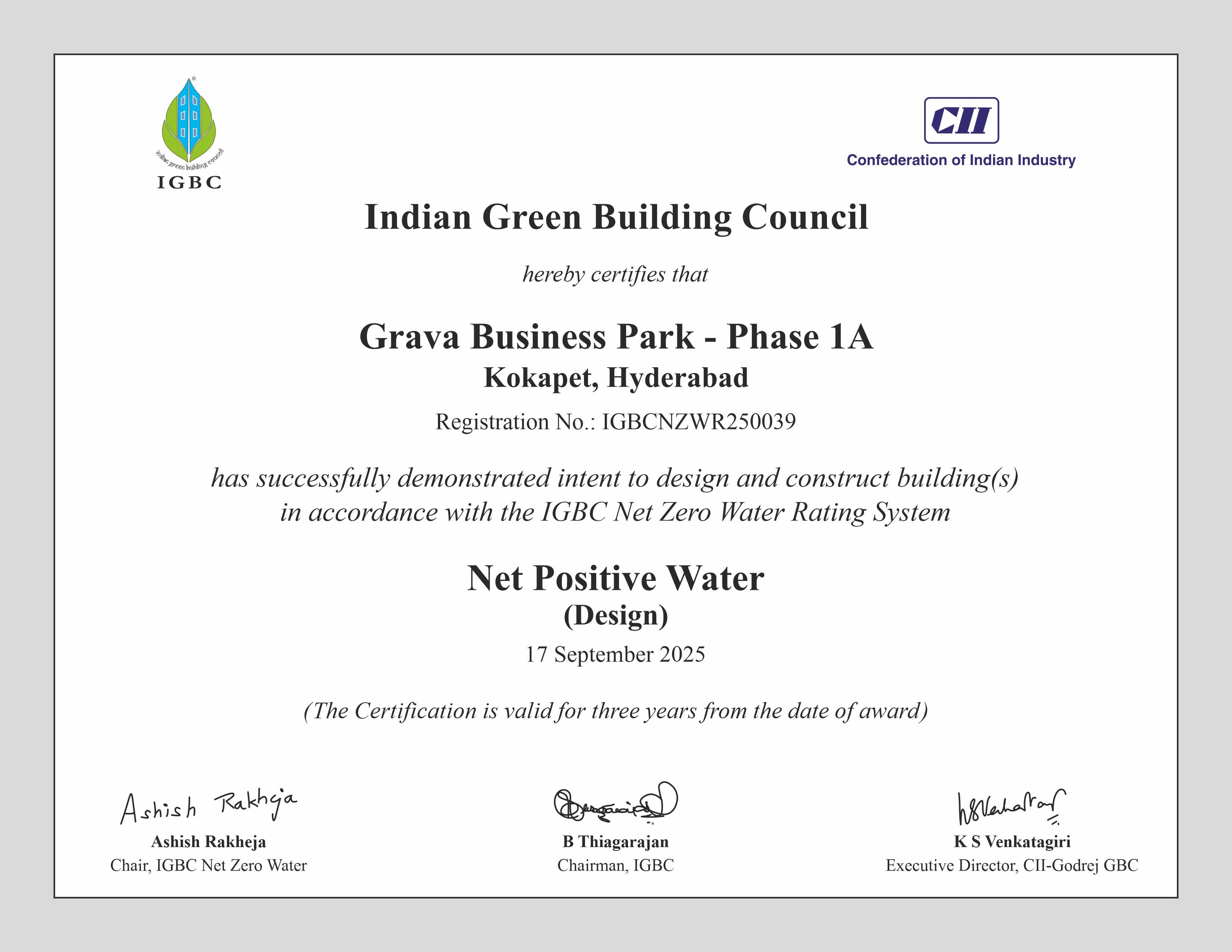 IGBC Net Zero Water Rating System (Design) – Grava Business Park – Phase 1A