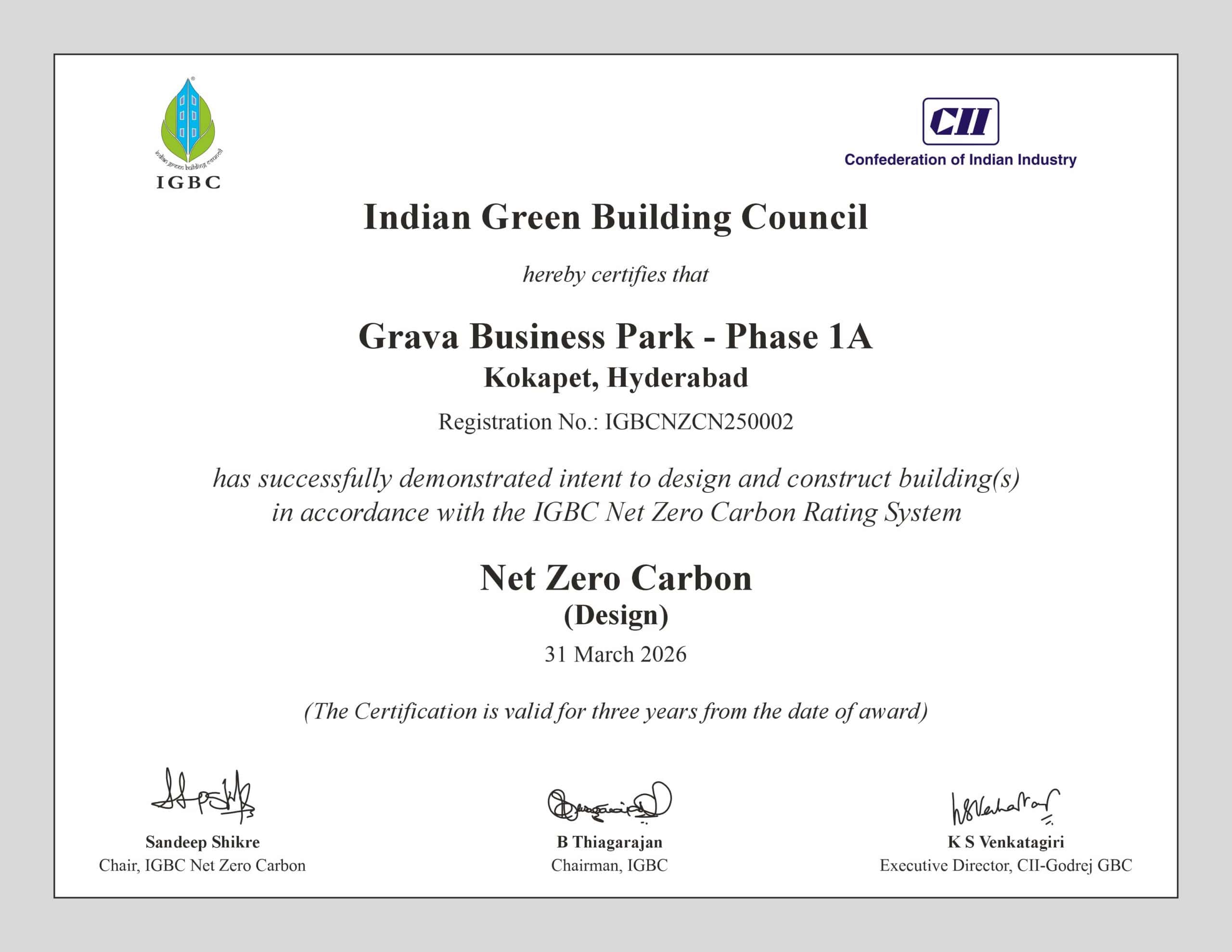 IGBC Net Zero Carbon Rating System (Design) – Grava Business Park - Phase 1A